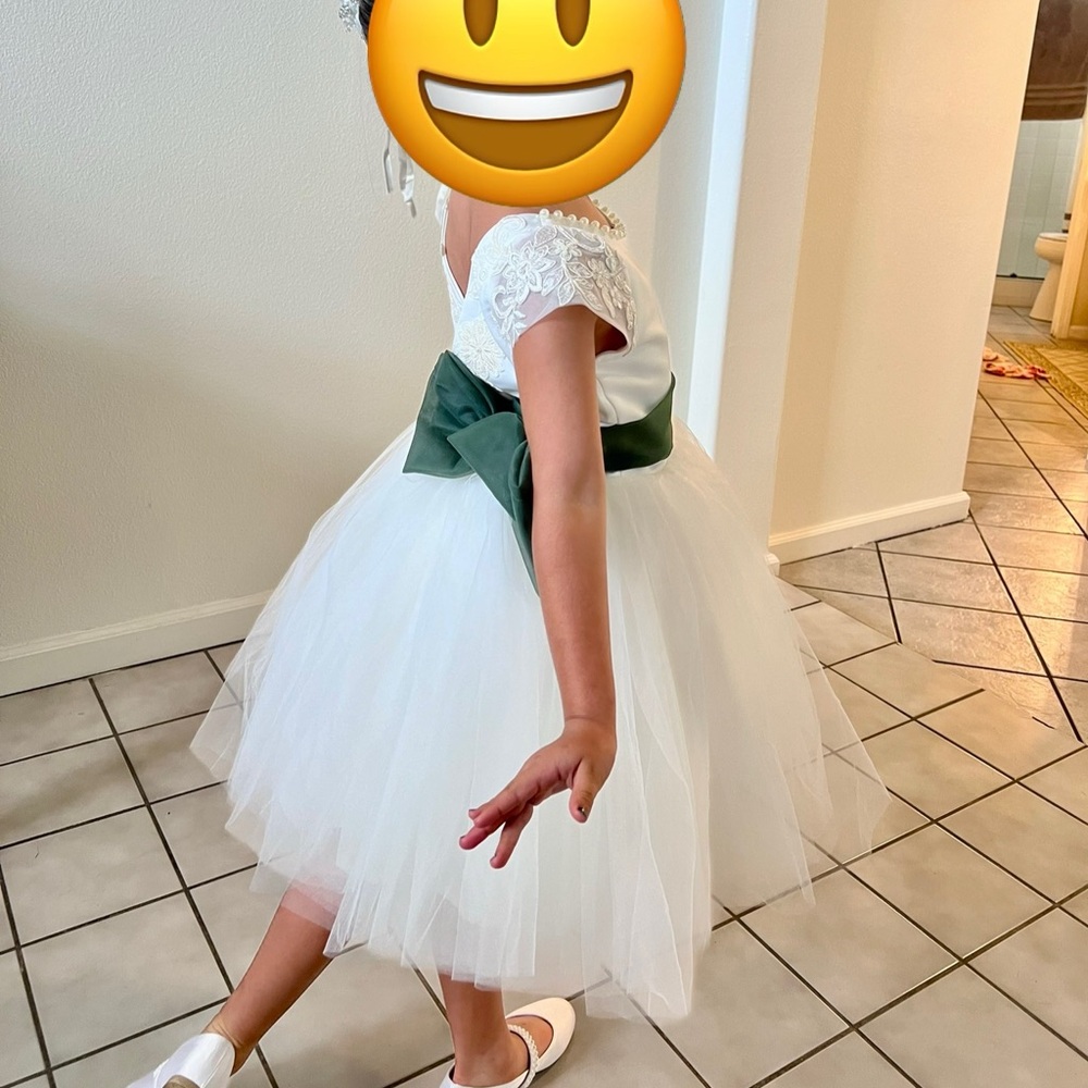 White Tulle Dress with Green Sash